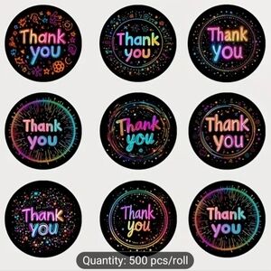 Thank You Stickers, Retro Neon Glow- 500 Count Each, 2 Rolls = 1000qty